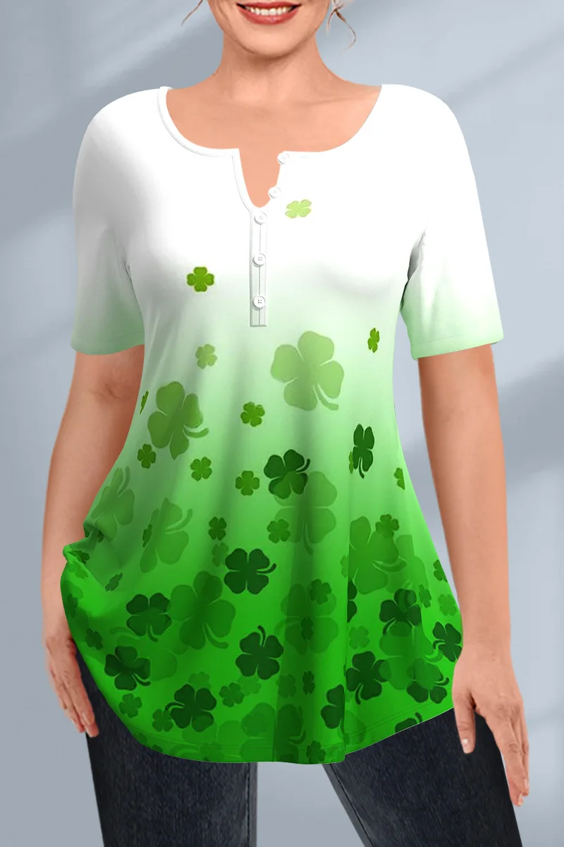 Flycurvy Plus Size Casual Green Four Leaf Clover Print Ombre Decorative Button Blouse