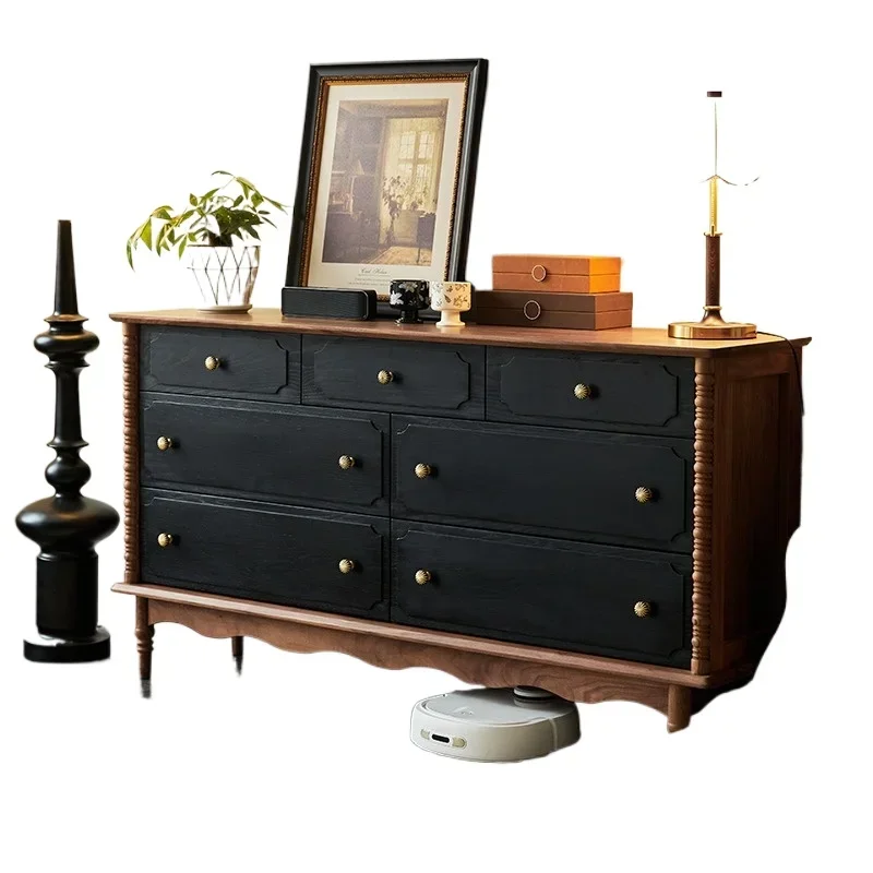 Walnut retro seven-bucket cabinet French solid wood eight-bucket cabi net, lbedside lock er