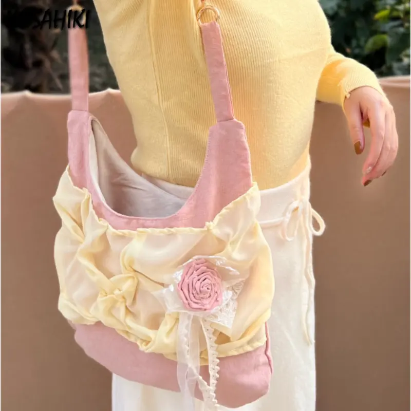 

Kawaii Women Sweet Contrast Color Patchwork Underarm Bag All Match Elegant Floral Hobo Bags Fairy Y2k Japanese Shoulder Handbags