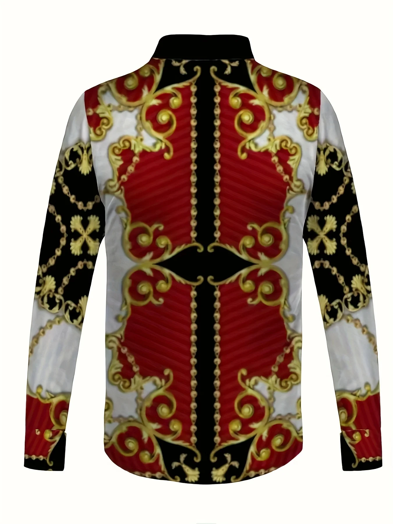 Men Long Sleeve Button Down Shirt Red White Gold Baroque Ornament Print Polyester Lapel Collar Party Dress