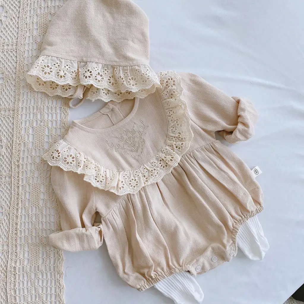 Spring Baby Girl Romper+Hat Bodysuit Outfits Long Sleeve 2Pcs Outfits Cotton Linen Lace Ruffles Girls Kids Clothing 0-24M