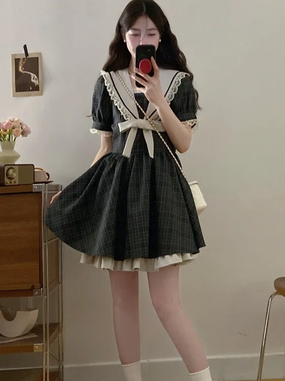 

plus Size Women's Summer New Style Commute Wind Navy Collar Knot Short Sleeve Dress Waist Cinched Princess Dress