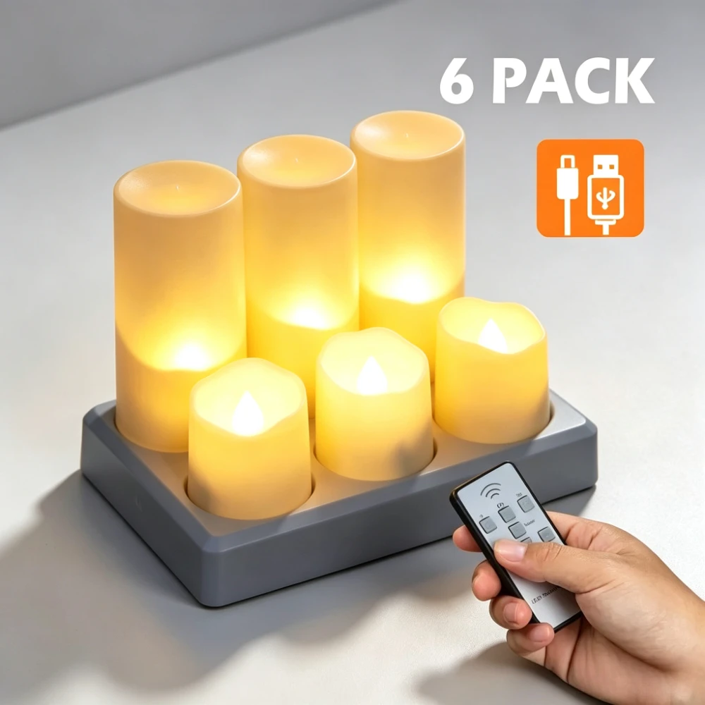 6 Pack Rechargeable LED Flameless Candles with Remote Control USB Charging Flickering Warm Light Home Wedding Christmas Decor