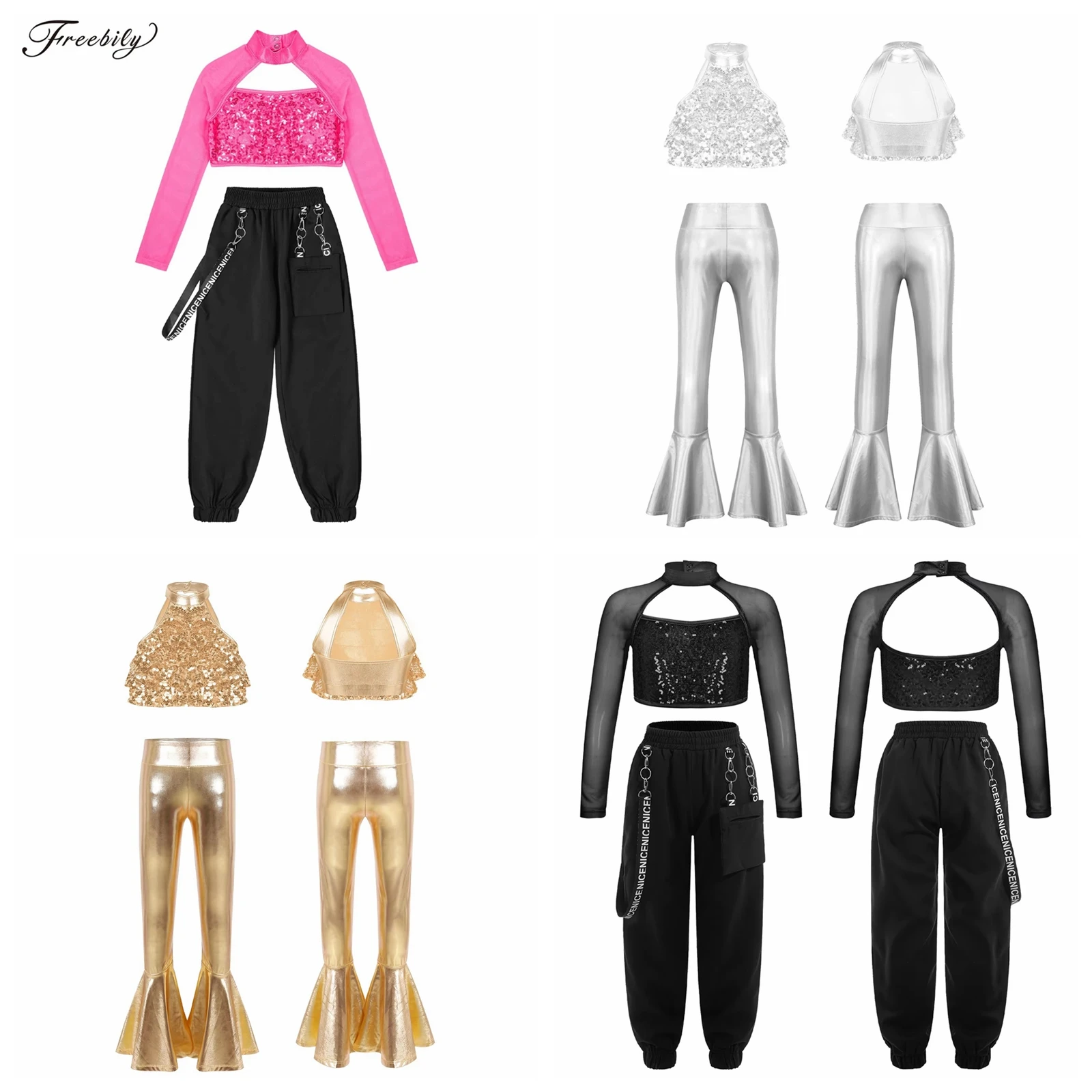 

Kids Girls Hip Hop Clothing Rave Disco Festival Jazz Street Dance Outfits Stage Performance Costume Shiny Sequins Dancewear