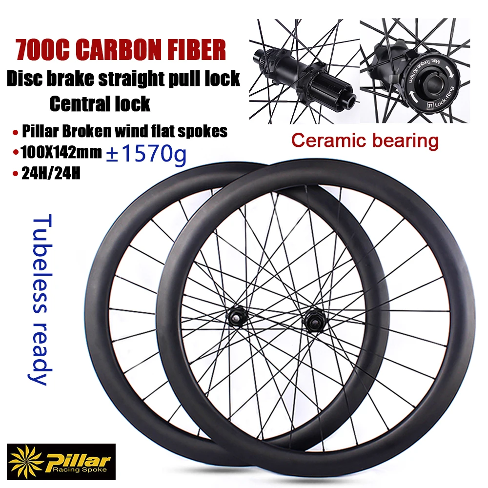 50mm Carbon Road Bike Wheelset 18 22mm Width Disc Brake Ceramic bearing 24H Central lock Pillar 1422 Spokes Carbon Rims ±1570g