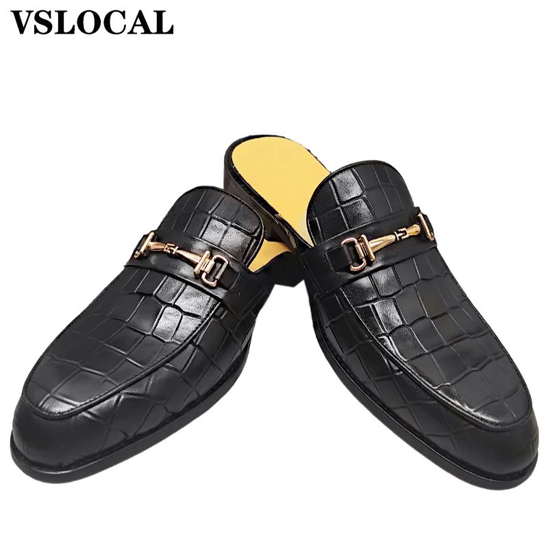 

Luxury Men's Mules Half Shoes Black Blue Crocodile Print Casual Dress Men Summer Shoes Comfortable Leather Shoes For Men