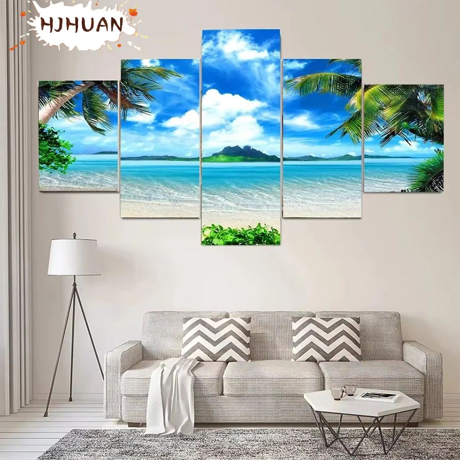 5pcs Diamond Painting Blue sky, white clouds, sea scenery Full Round Square Drill Mosaic Pictures Home Decoration Birthday Gift