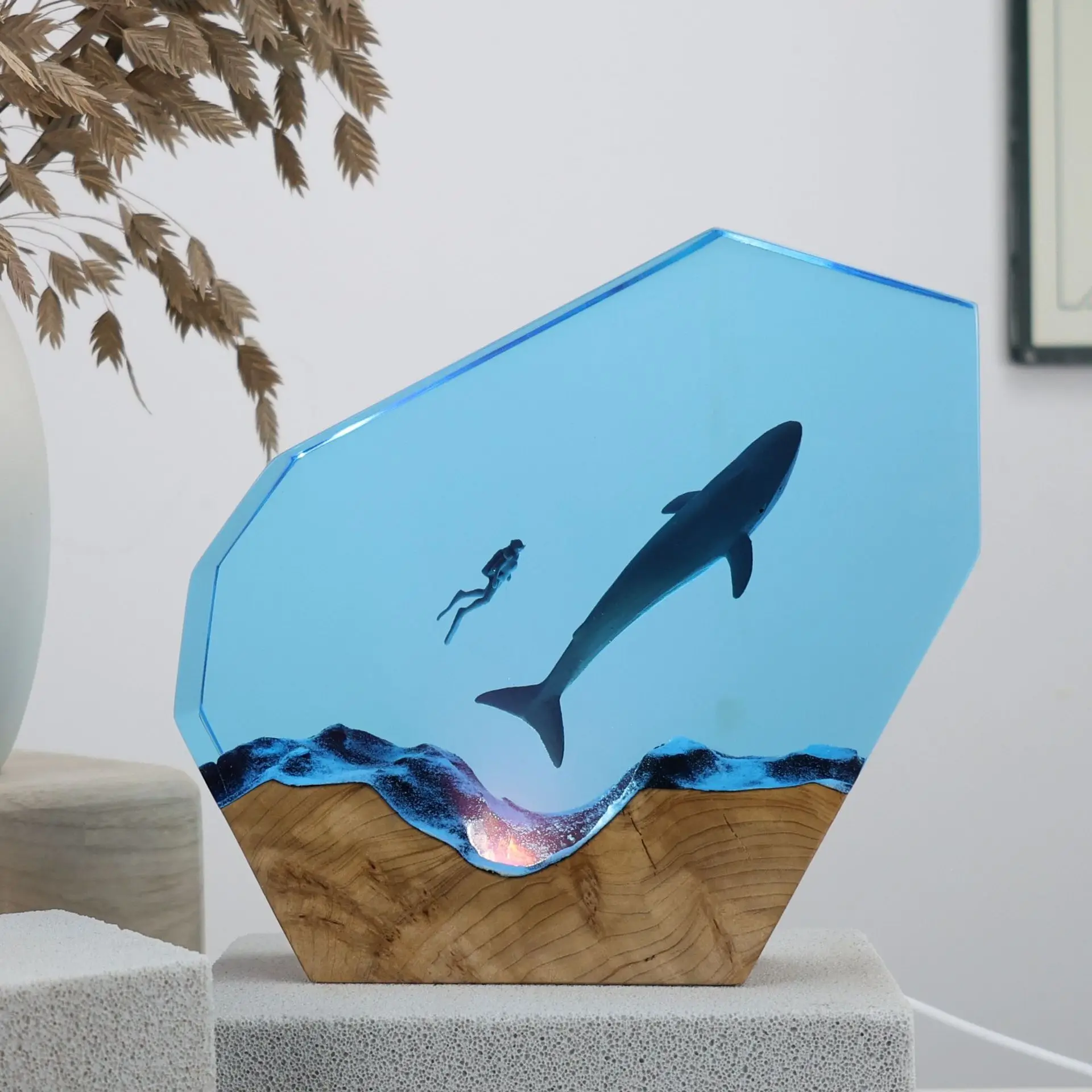 Resin Ocean Night Light with Diver and Whale Wood Base Desk Decor