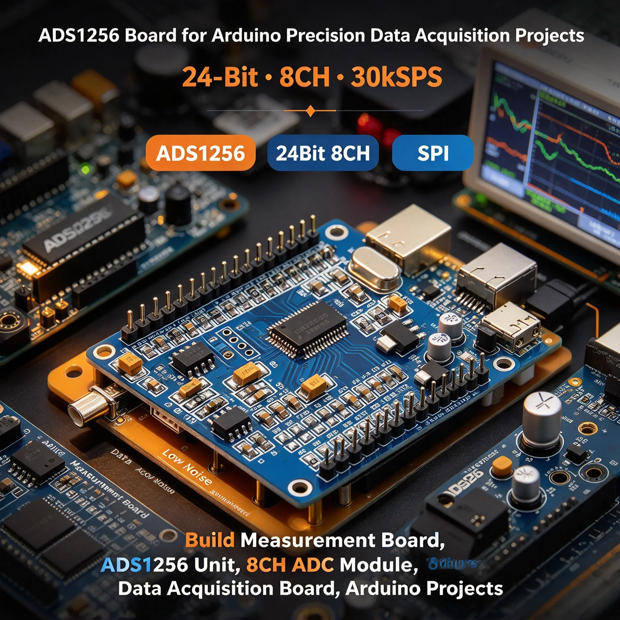 20Pcs ADS1256 24-Bit 8-Channel ADC Module 30kSPS SPI Low Noise Data Acquisition Board for Arduino