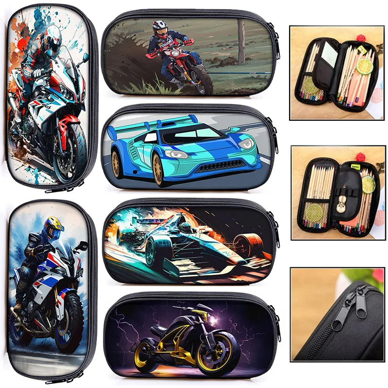 Cool Racing Car Motorbike Print Cosmetic Case Pencil Bag Punk Motorcycle Storage Stationary Bag Pencil Box School Supplies Gift