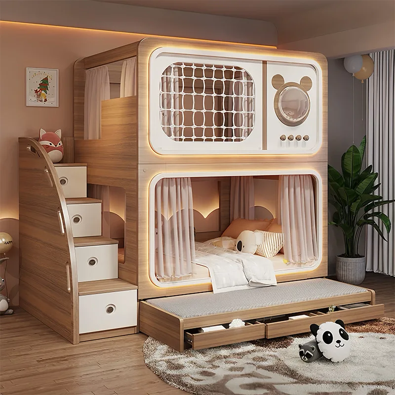 ！@Log-colored Kids Bunk Bed, Twin-over-Twin Bed for Small Spaces, Parent-child Bunk Bed for Children