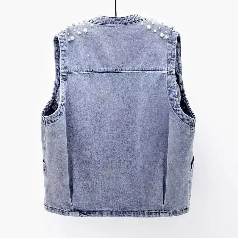 Summer Women's Beaded Denim Vest Coat Sleeveless Tops Cropped Streetwear Jean Jacket Korean Fashion Waistcoat 2023 New