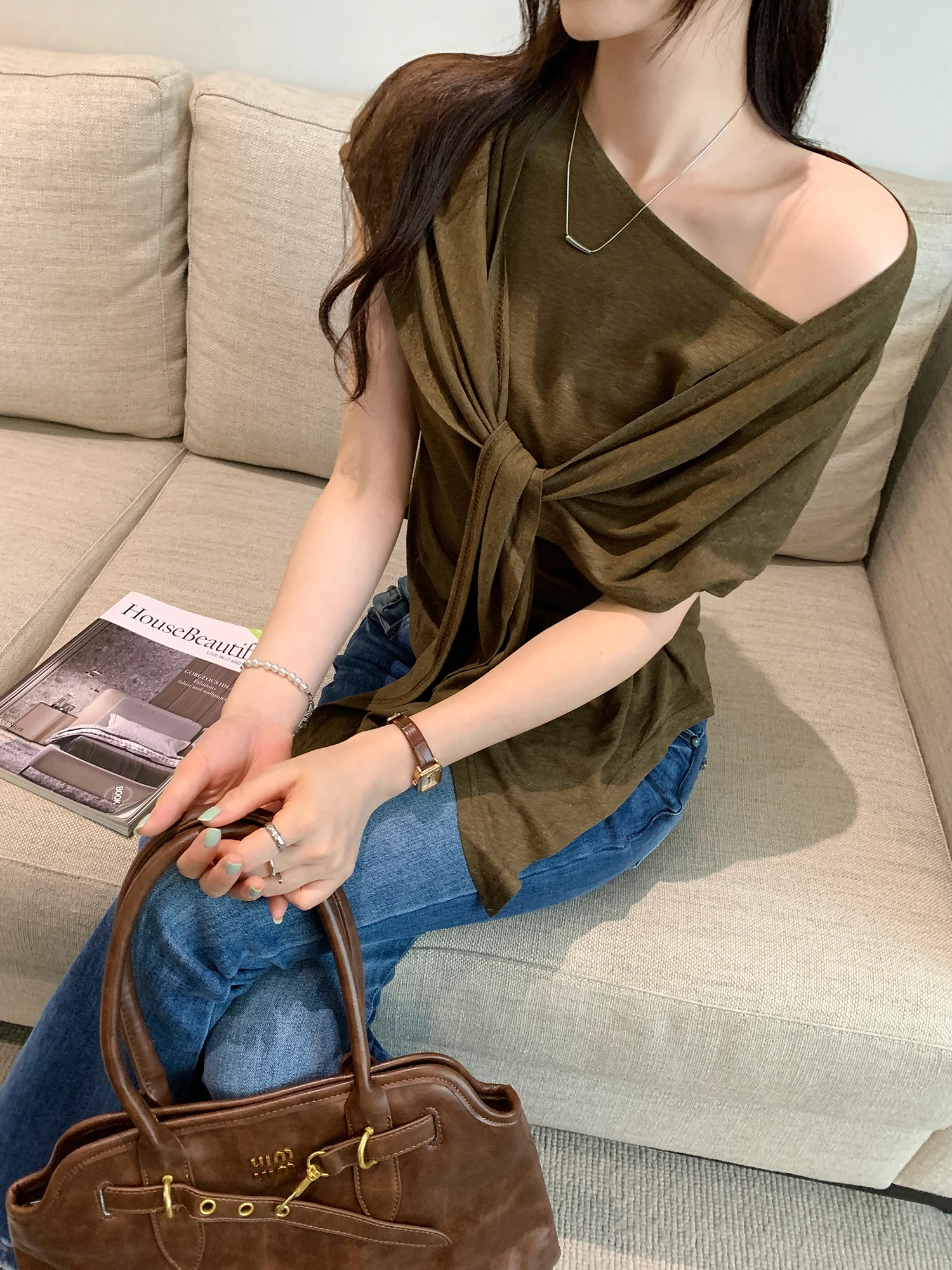 Ladies Summer Linen Cotton Wrap Set Loose Fit Short Sleeve Waist-Cinching Slimming Side-Shoulder Two-Piece Suit Commute Style