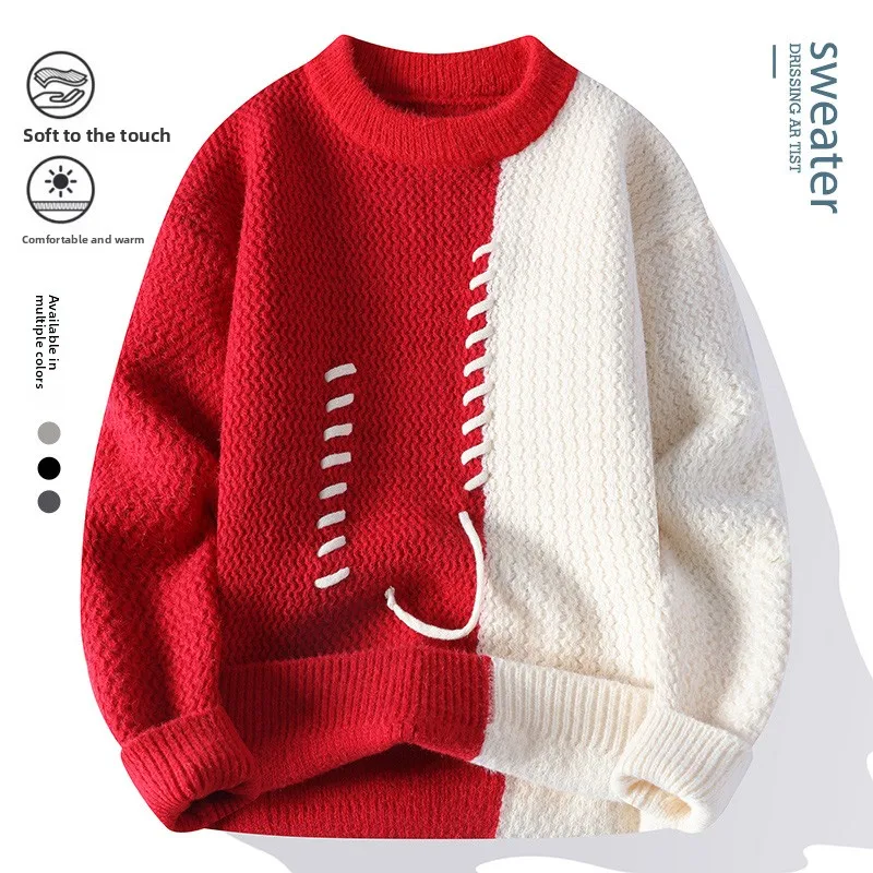 

Утепленный флисовый свитер с круглым вырезом для мужчин, осенне-зимняя новинка, модный, с цветными блоками, длинный рукав, для молодежи и студентов, повседневная внутренняя одежда