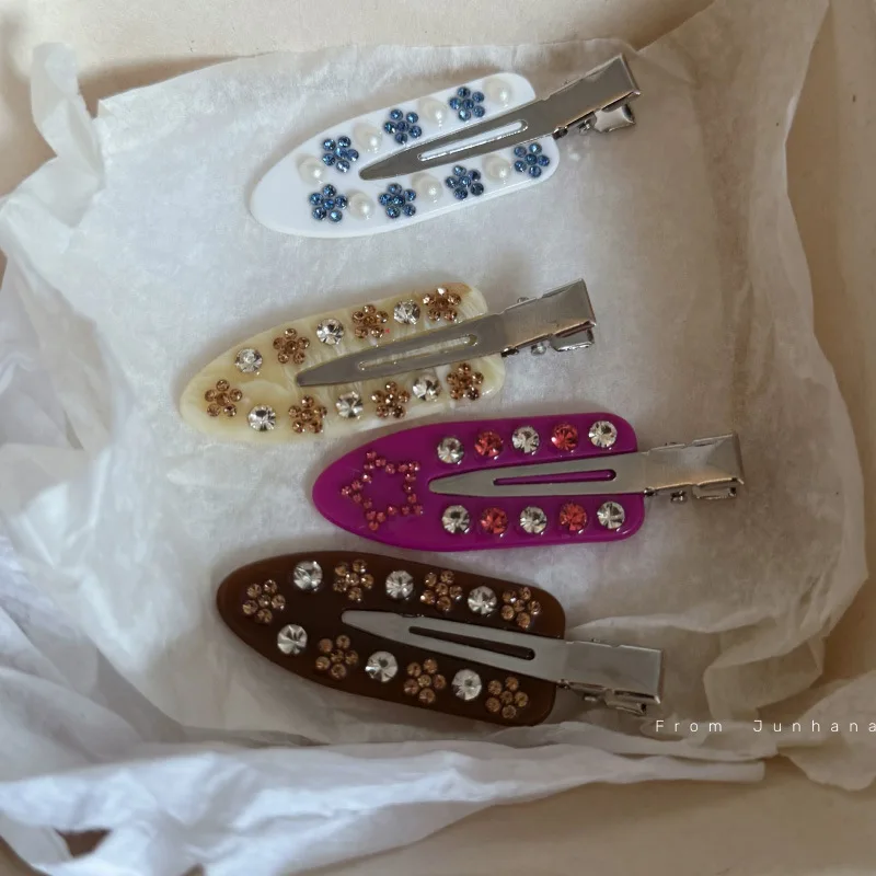 Old Qianfeng flower hairpin acetic acid side hairpin non-marking clip marble pattern colored diamond acetic acid duck bill clip