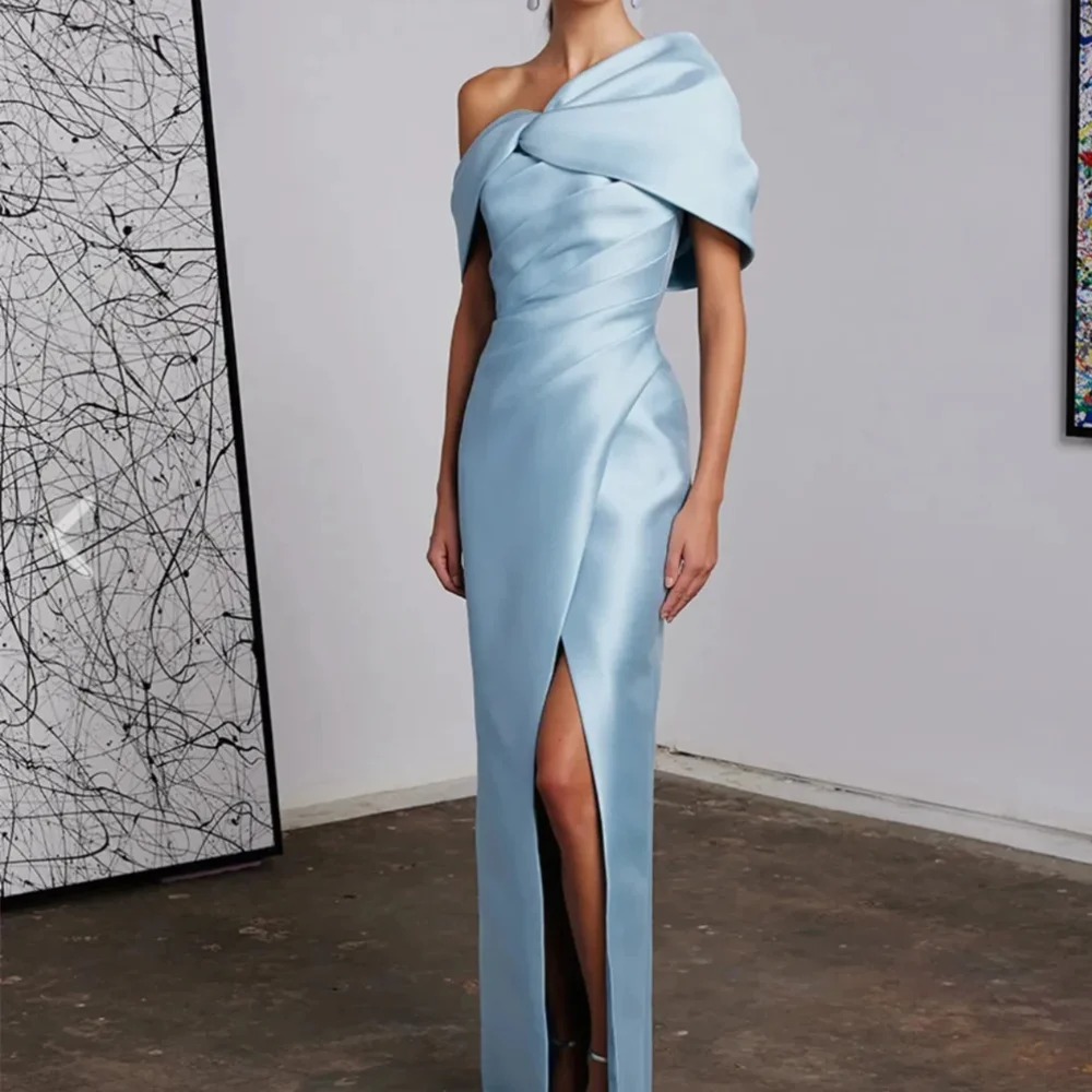 

Simple Long Blue Off the Shoulder Satin Evening Dresses Short Sleeves with Slit Mermaid Floor Length Vestidos De Festa