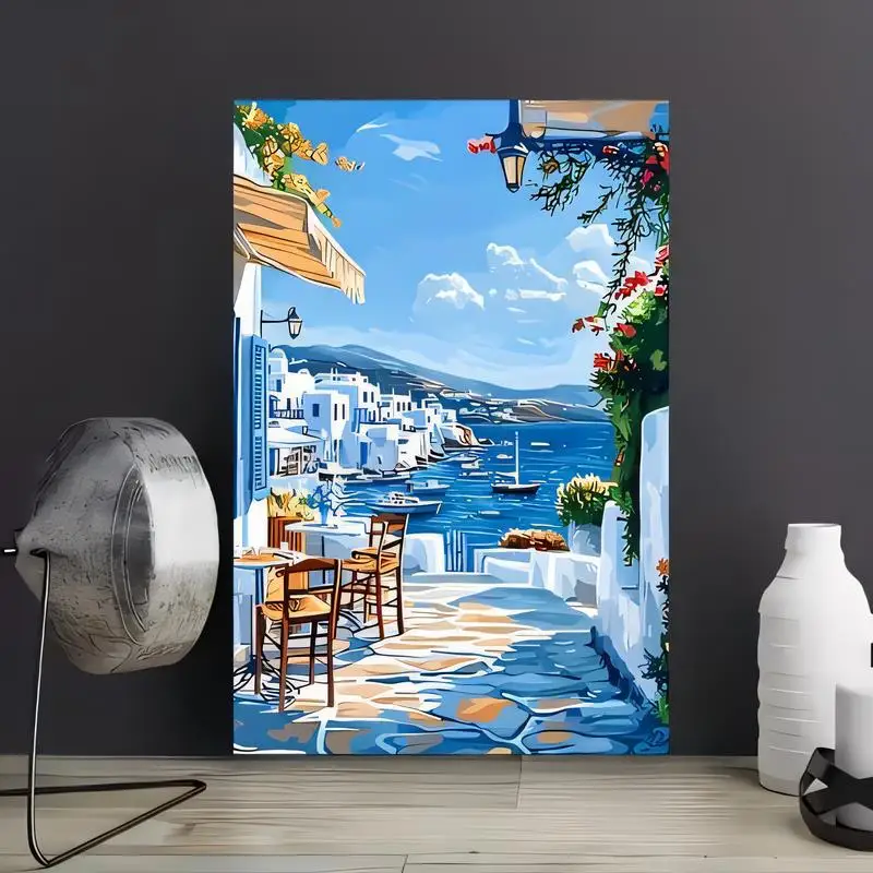2D Flat Mediterranean White Houses & Blue Sea Tin Painting - Vivid Floral Café Design, 20x30cm Coastal Wall Art for Home/Café/Be