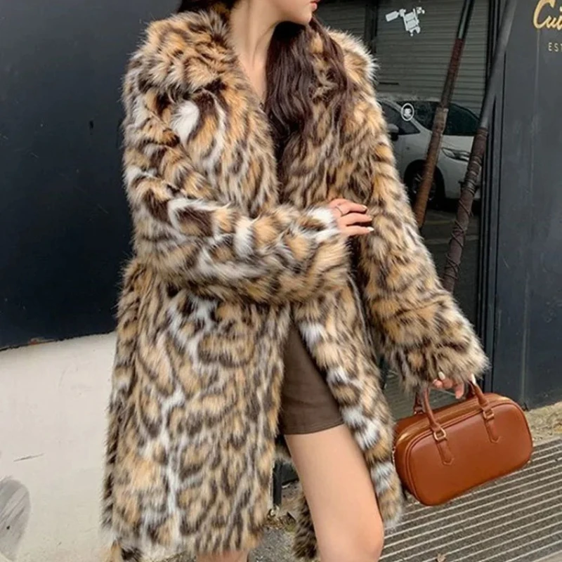 Women Faux Fox Fur Coats Long Overcoat Leopard Print Turn Down Collar Furry Outerwear Open Stitch Y2k Loose Autumn Winter 2025