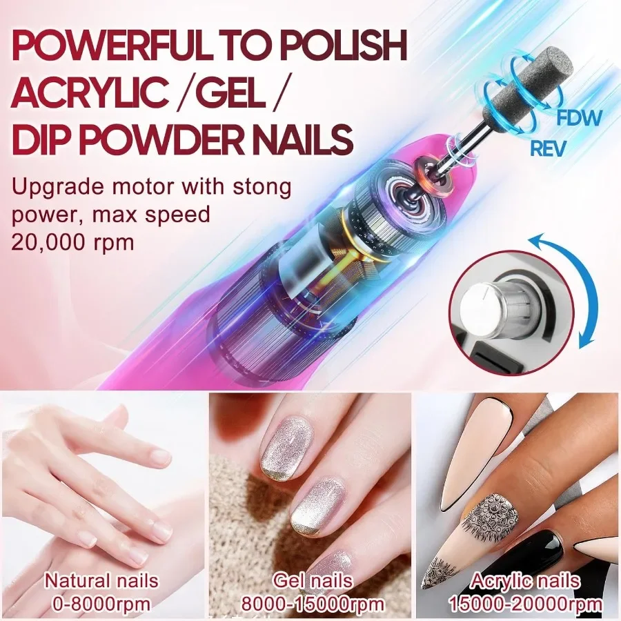 Taladro eléctrico profesional para uñas, Kit de lima de uñas, juego de manicura y pedicura para Gel de uñas acrílico, removedor de formas artísticas en polvo