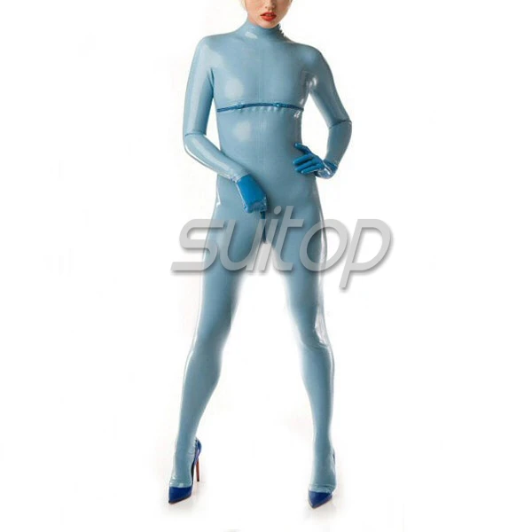 

best selling latex rubber clothes for women attached gloves and socks with zip in breast tights body suits sky blue skinny