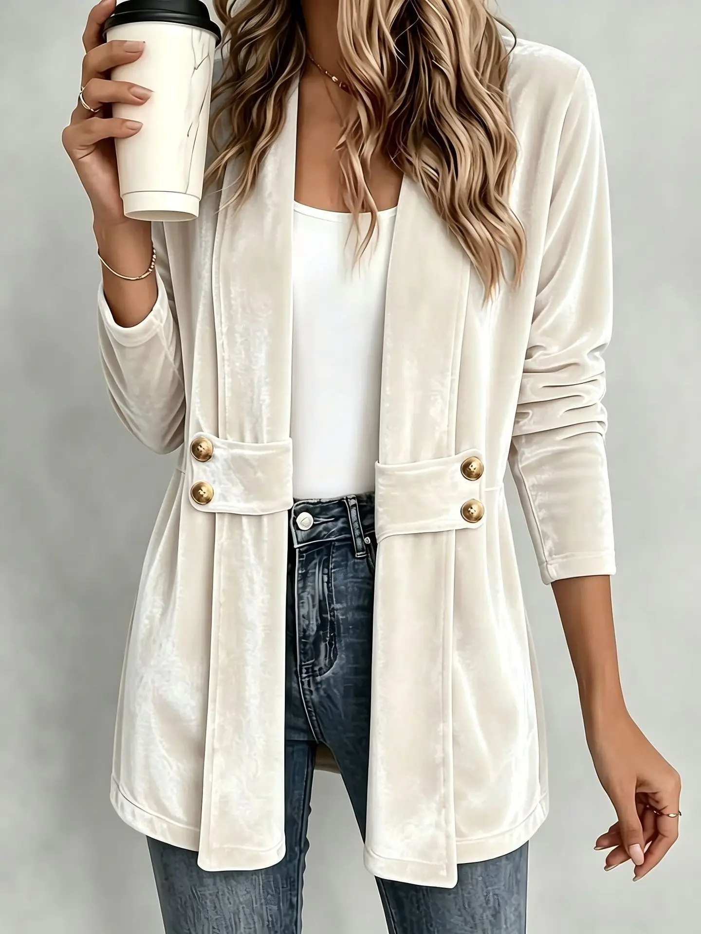 Women's Velvet Open Front Coat, Long Sleeve Loose Jacket, Casual Commuter Outfit, Fall Winter Must Have view 6