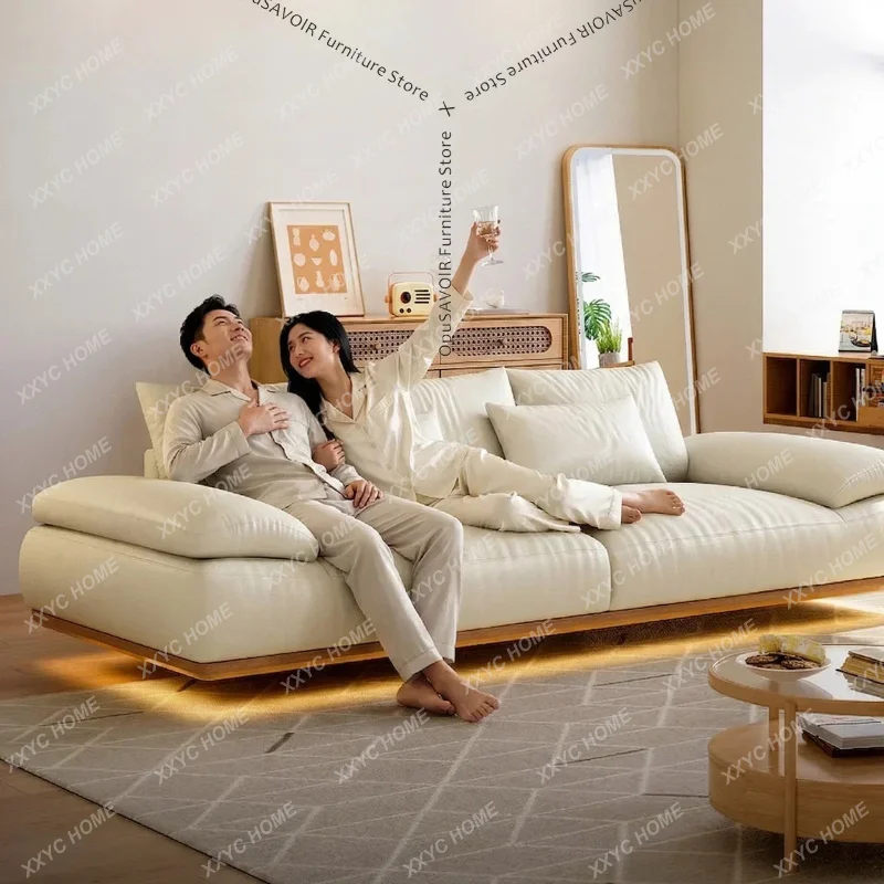 XX Modern Floating Sofa Genuine Leather Couch Solid Wood Base Cream Style Straight Sofa Living Room Mid-Century Furniture