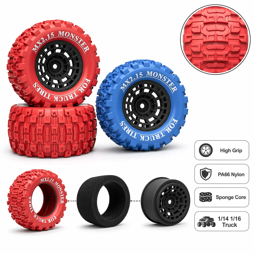 

HFLRC 4PCS MX2.15 Monster Truck Tires 100x54mm 12mm Hex Red Nylon Wheel for 1/16 Traxxas Mini Maxx Mini XRT E-Revo Upgrade Parts