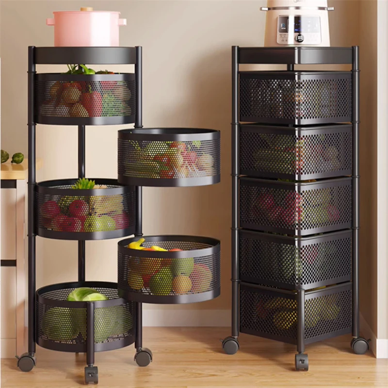 Rotating Kitchen Trolleys Home Multi-functional Fruit Vegetable Organizer Cart with Wheels Kitchen Storage Basket Trolley Cart