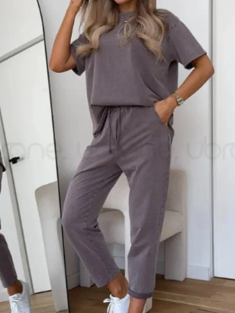 

Casual Loose Set For Women Fashion Short Sleeve O Neck Tops+High Waist Long Pants 2 Piece Sets Lady Holiday Sports Clothes New