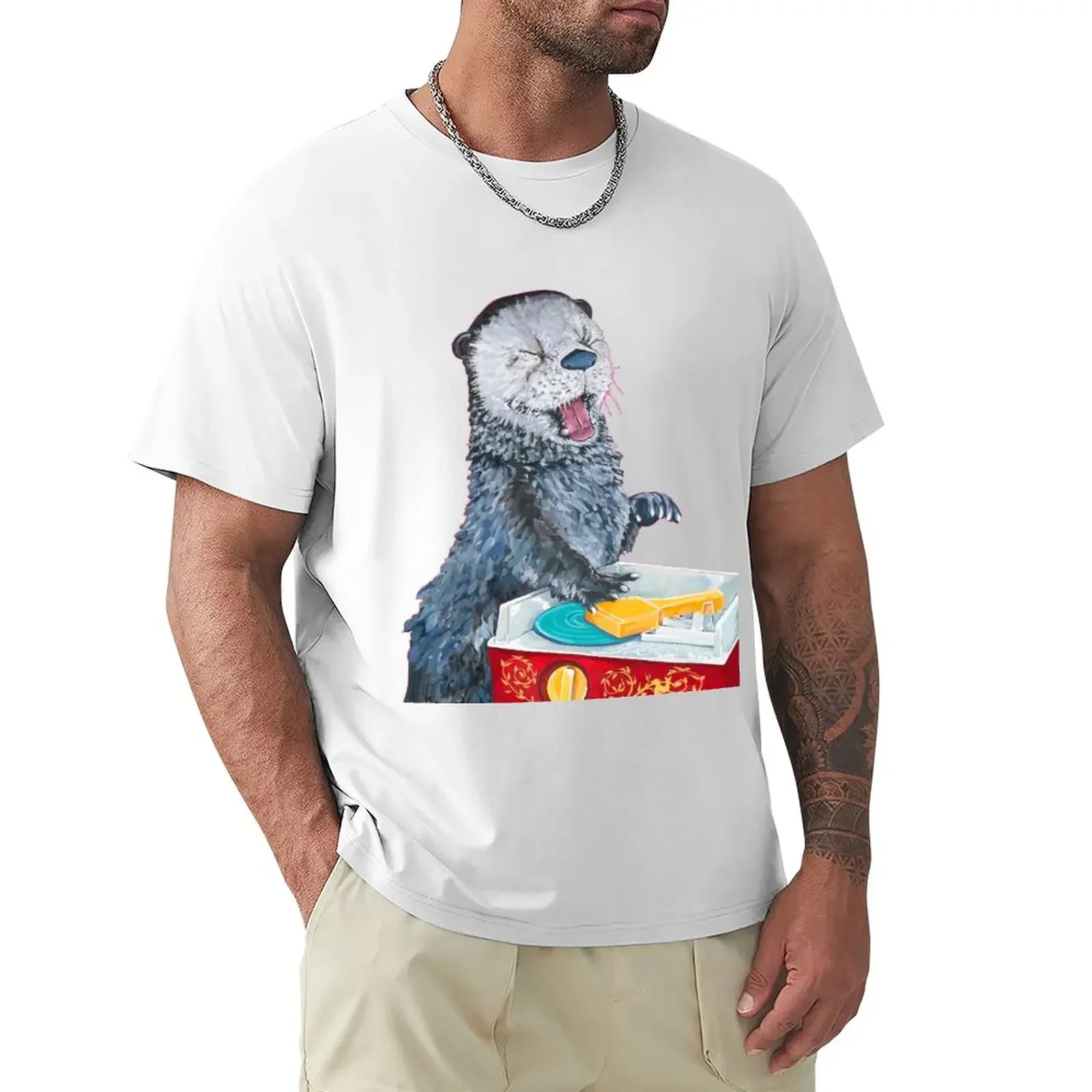 Rectangular ReDesign of Original Artwork Otter with Vintage Children's record Player toy with white background T-Shirt