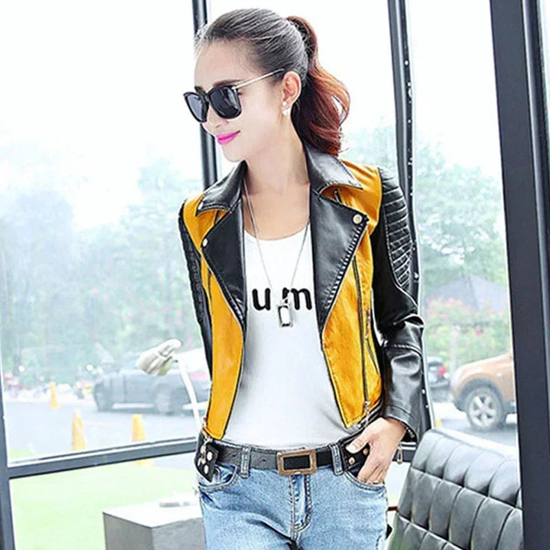 TPJB New Women Soft Motorcycle Short Faux Leather Jacket Women Ladies Autumn Biker Streetwear Black Spliced Zippers Coat