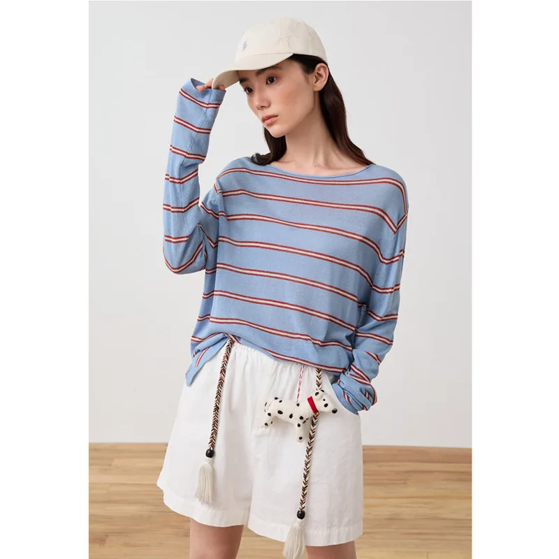 

Summer Lyocell Linen Striped T-shirt Women Thin Round Neck Long Sleeve Loose Casual Knitted Tops