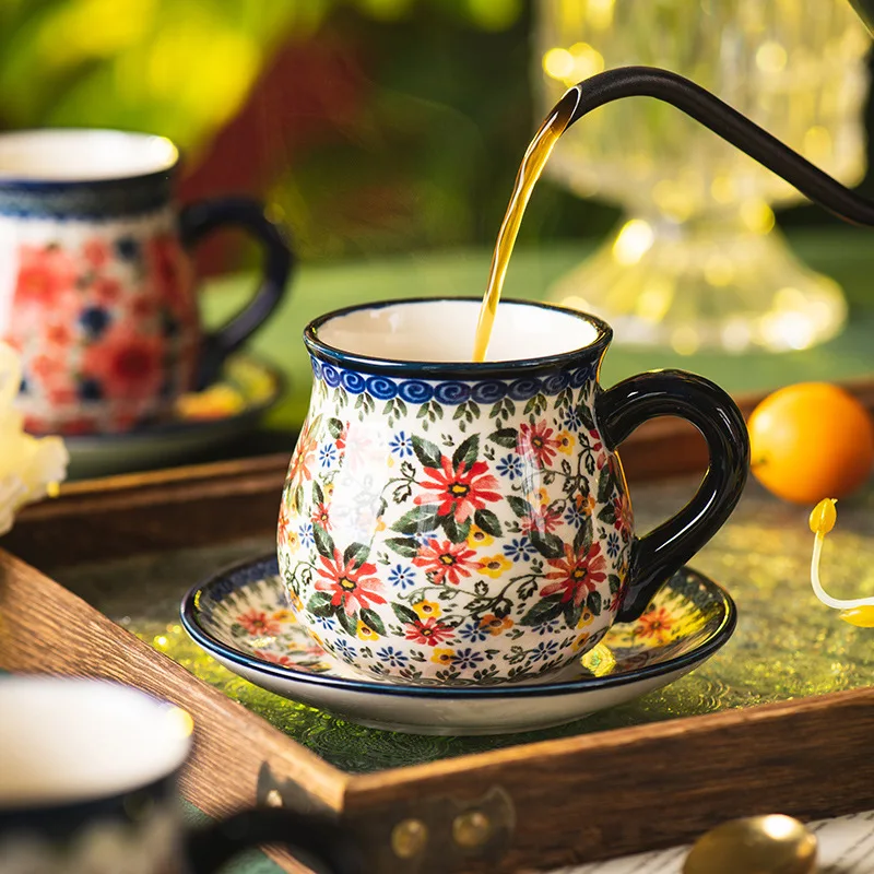 Bohemian Coffee Cup with Saucer Set, High-Value Home Afternoon Tea, Vintage Tea Set, Women's Water Bottle, Ceramic Mug, 220ml