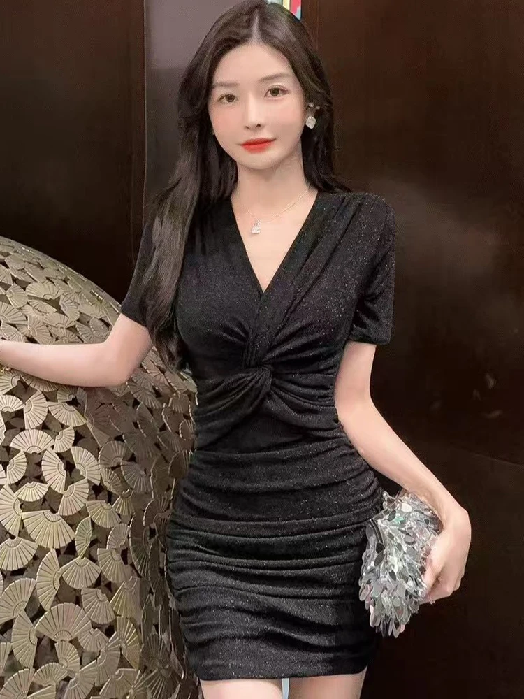 2025 rosa plissado bodycon manga curta com decote em v sexy mini vestido feminino elegante hip wrap vestido de verão coreano vintage festival vestido