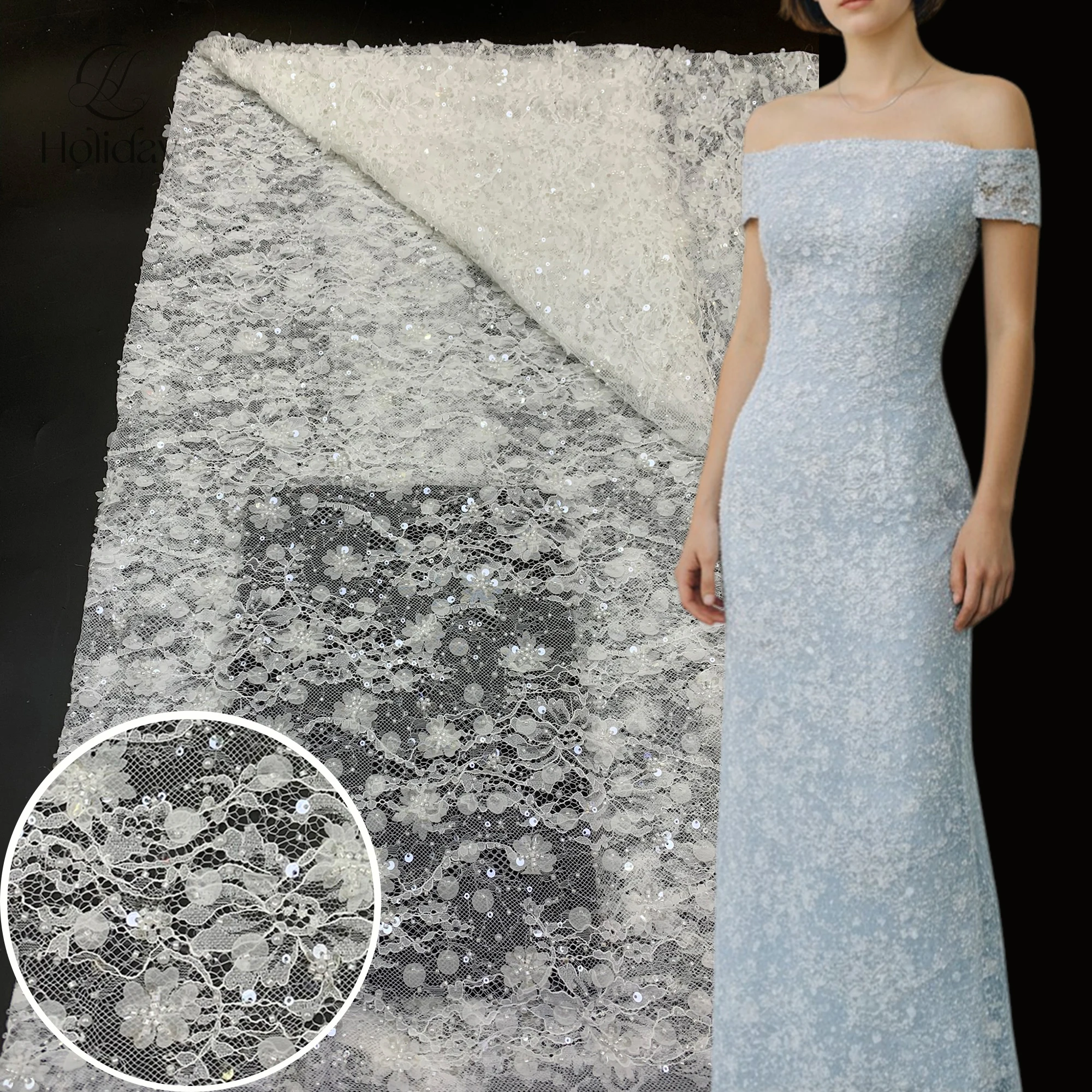 

Luxury Heavy-Embellished 3D Lace Fabric Laser Cut Beads Tubes Sequins for Wedding Evening Dresses Fabric by the Yard