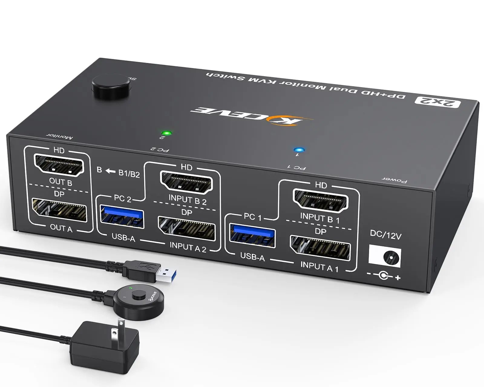 4K bij 144 Hz KVM-switch 2 monitoren 2 computers 8K bij 60 Hz, KCEVE HDMI en Displayport Dual Monitor KVM-switch met 4 USB 3.0-poorten