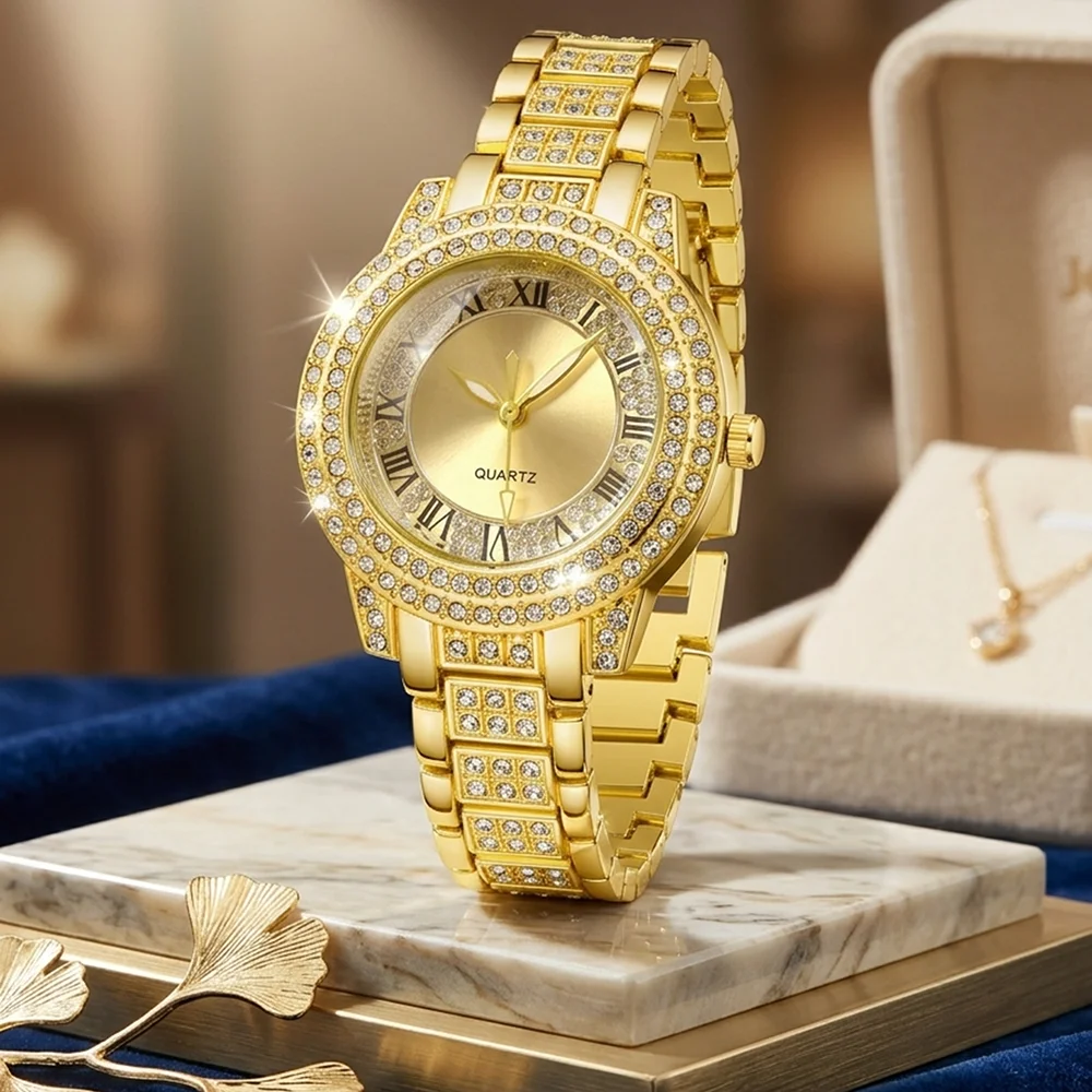 4Pcs/Set Unisex Jewelry Watches Women's Wristwatch Accessories Gold Trendy Fashionable Elegant Classic Exquisite Light Luxury Rhinestone Luxury Roman Numeral Dial Round Dial Quartz Watch Set Y2K Suitable for Travel, Parties, Daily Outfits, Perfect Birthday and Holiday Gift
