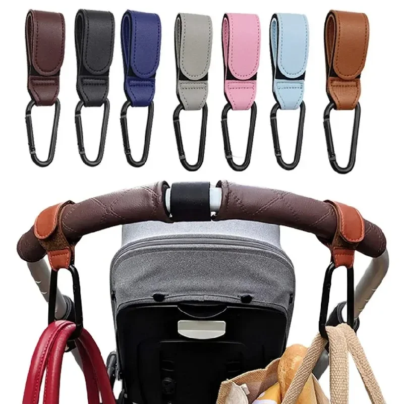 2Pcs Leather Cart Hooks Baby Stroller Hook PU Adjustable Pram Hook Organizer Diaper Bag Hanger Children Travel Accessories