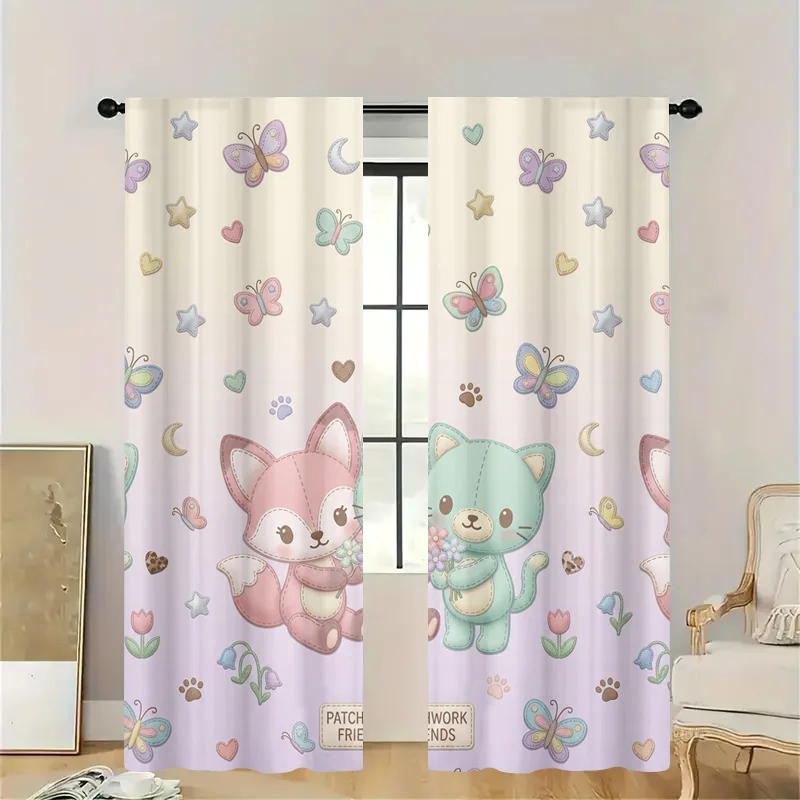 Cute Pastel Bunny Butterfly Curtain Panel Window Treatment Nursery Room Decor Semi-Sheer Woodland Style Aesthetic Sleepy Friends