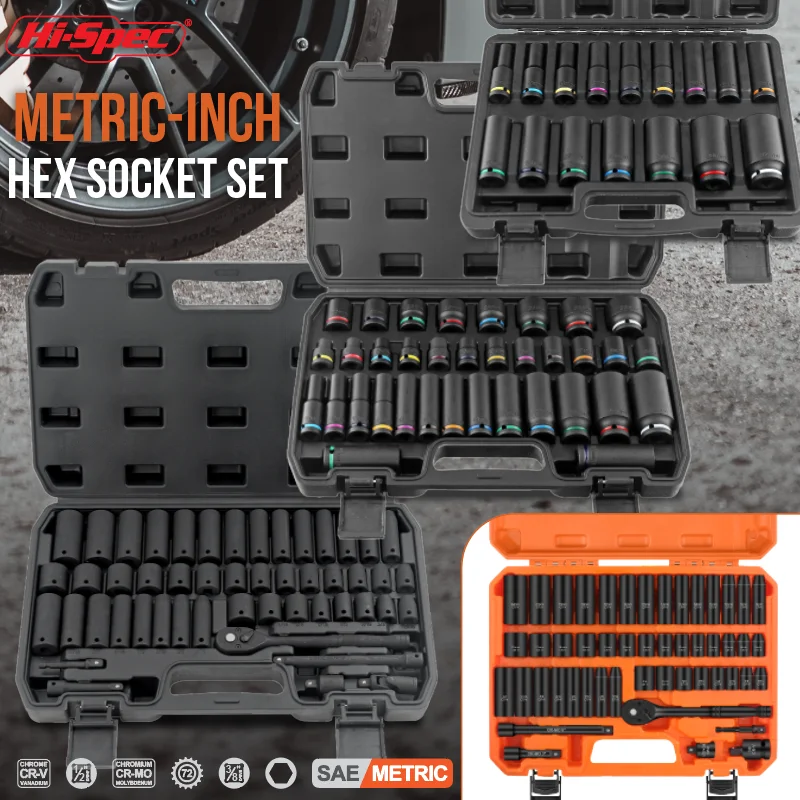 Conjunto de ferramentas de soquete de impacto métrico 3/8 1/2, alça de catraca 72t para adaptador de chave, soquete longo e curto, conjunto de chave de soquete