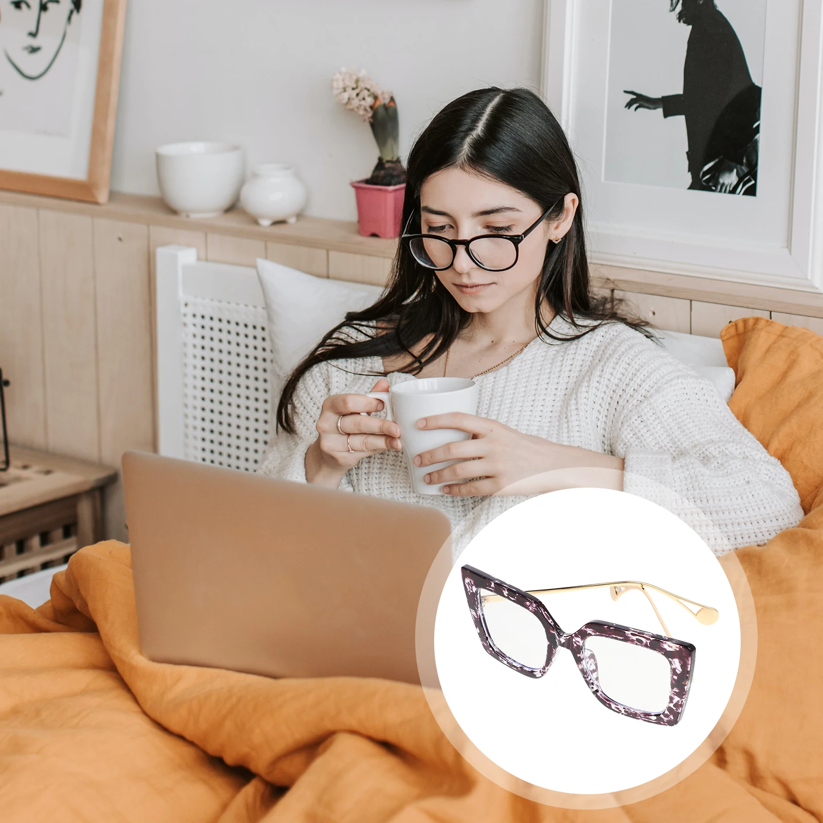 

Elastic Lightweight Blue Yellow Flower Retro Square Frame Anti Fatigue Glasses for Female Male Students Decorative Optical