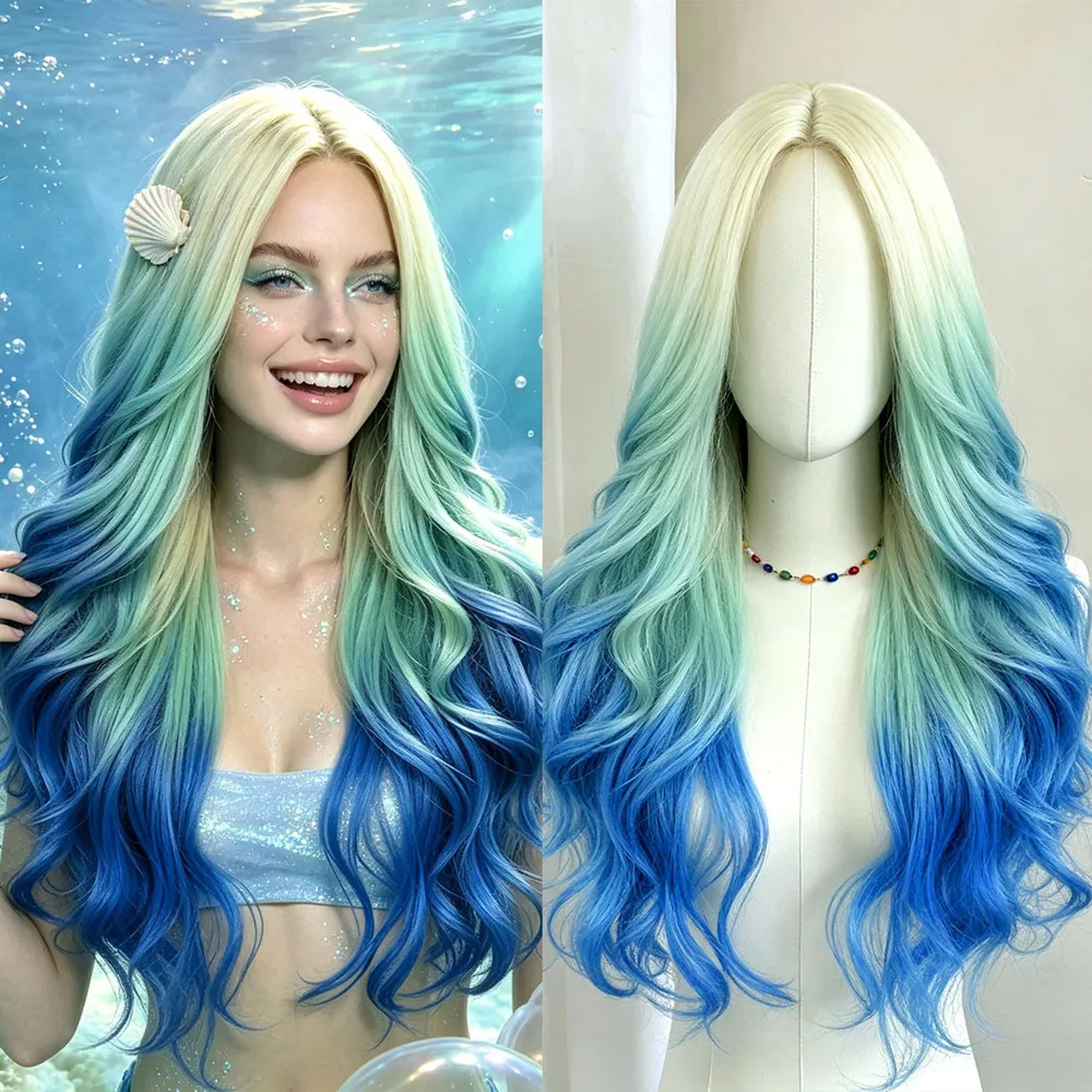 Ombre Wig Long Wavy Wig Blonde Green Blue Gradient Synthetic Heat Resistant Wig for Women Halloween Cosplay Party Costume Wigs