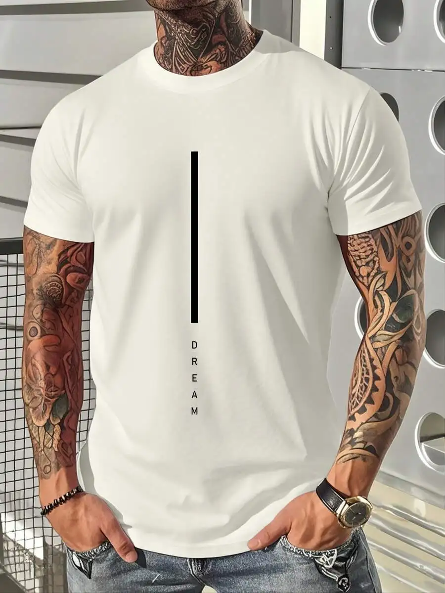 

Mens Classic White Cotton Tee With Minimalist Vertical Line And Vertical Dream Text, 180g Soft Comfort Fit