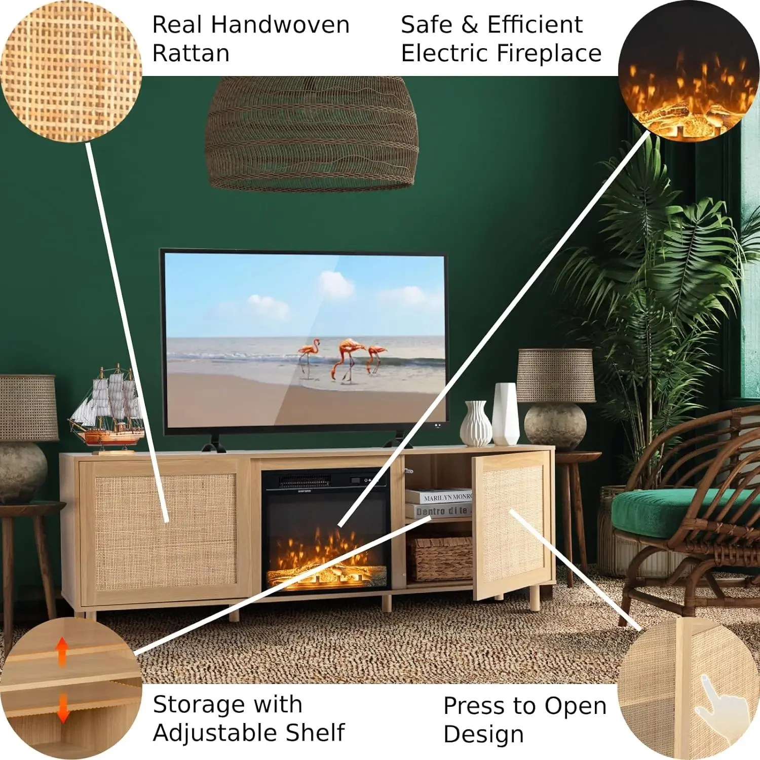 Rattan TV-Ständer für Fernseher bis zu 75 Zoll, Boho modernes Unterhaltung zentrum mit Rattan Schrank türen für Wohnzimmer