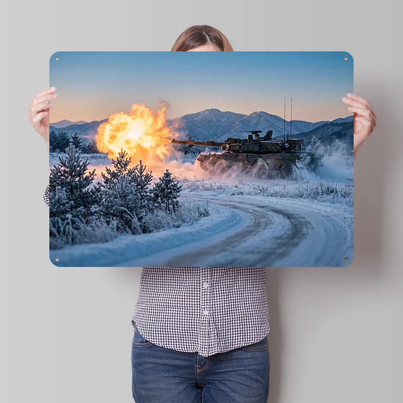 Tank Firing in Snowy Landscape Metal Poster Perfect Gift for Fans Lovers Personalized Wall Art Metal Sign for Decor Luxury Home
