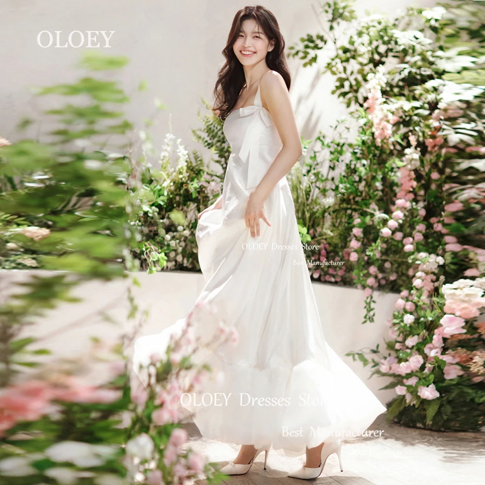 OLOEY Simple Ivory Satin Wedding Dress Korea Photoshoot Sleeveless Bridal Gown Ruffles Hem Ankle Length Custom Made Formal Gown