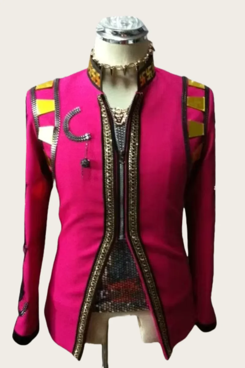 

Handmade Customs Men's Royal Suit Jacket Sequins Chain Decoration Stage Costumes Chorus host Singer Show Performance Dress wear