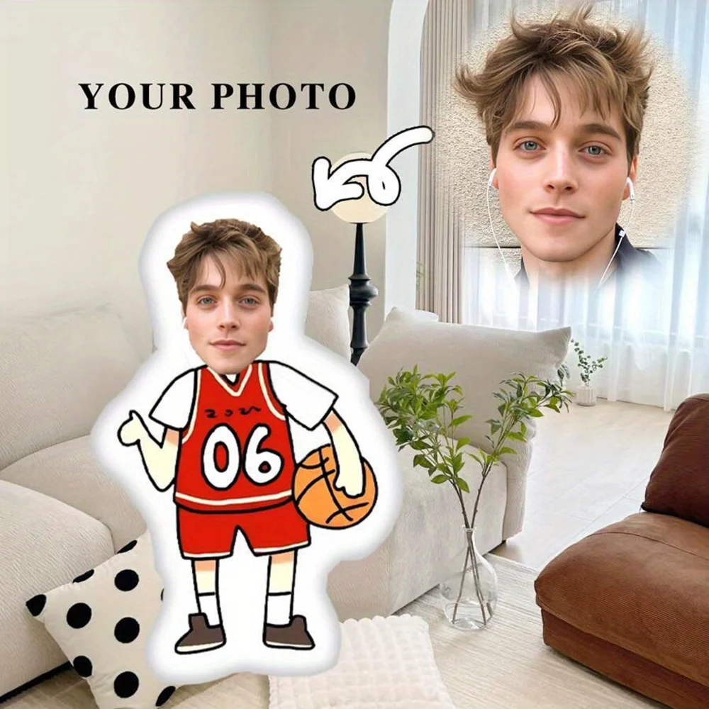 Personalized Photo Home Plush Pillow - Customized Basketball Sports Male Face Design Gift with Photo, Boyfriend Gift