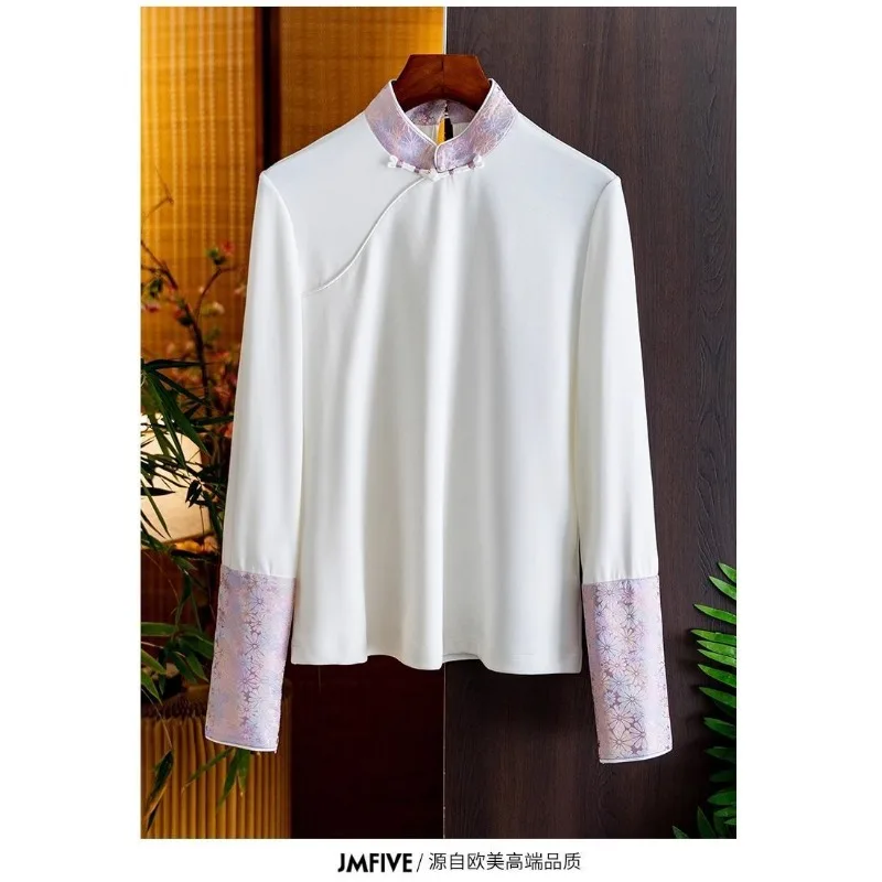 

Нижняя рубашка с длинными рукавами в китайском стиле для женщин на осень и зиму, универсальный лоскутный пуловер с принтом, топ для женщин