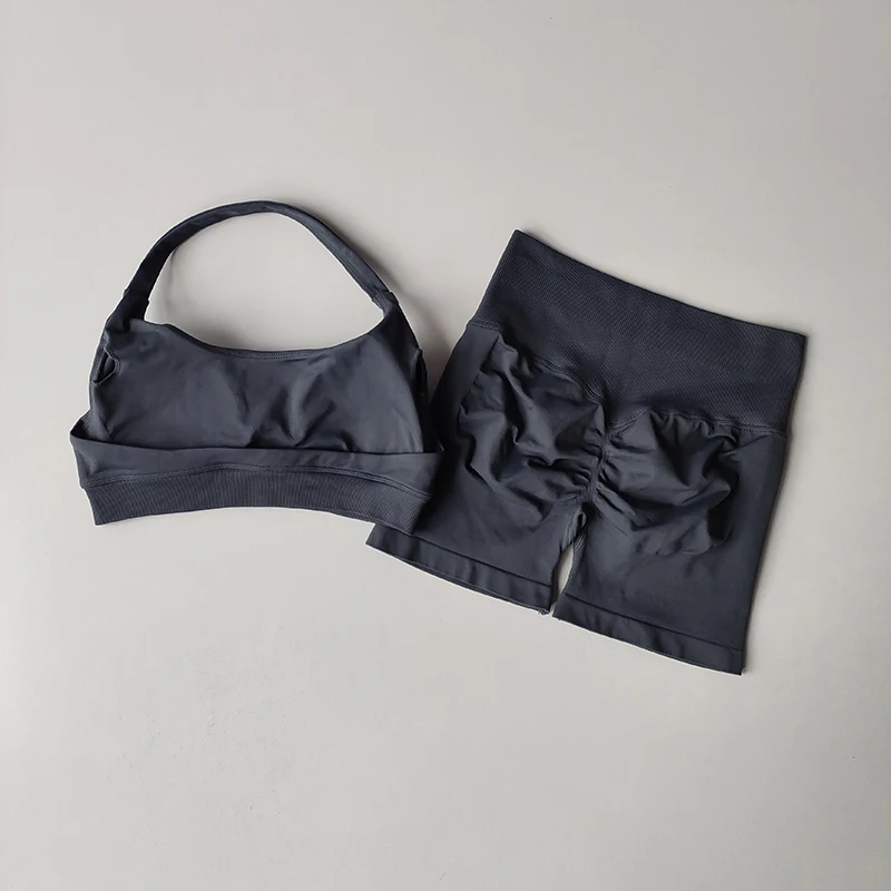 Sexy cuello Halter parte de atrás bonita cintura alta melocotón deportes sujetadores pantalones cortos traje Pilates reunión Yoga chaleco entrenamiento Fitness conjuntos de sujetador